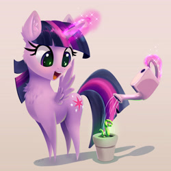 Size: 5441x5441 | Tagged: safe, alternate version, artist:xbi, character:twilight sparkle, character:twilight sparkle (alicorn), species:alicorn, species:pony, cheek fluff, chest fluff, cute, ear fluff, eye reflection, female, glowing horn, gradient background, hooves, horn, levitation, lineless, looking at something, magic, mare, open mouth, plant, pointy legs, reflection, smiling, solo, spread wings, telekinesis, twiabetes, watering, watering can, wings