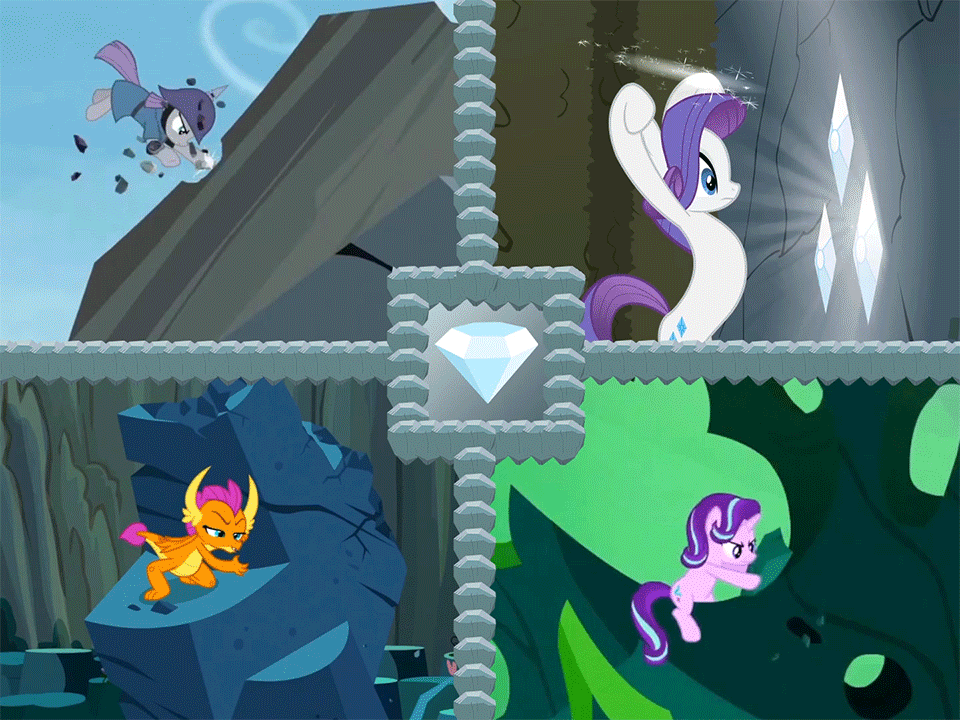 Size: 960x720 | Tagged: safe, artist:masem, artist:zutheskunk traces, edit, edited screencap, editor:sponandi, screencap, character:maud pie, character:rarity, character:smolder, character:starlight glimmer, character:tom, species:dragon, species:earth pony, species:pony, species:unicorn, episode:maud pie, episode:the return of harmony, episode:to where and back again, episode:uprooted, g4, my little pony: friendship is magic, animated, chrysalis' throne, corrupted, corrupted rarity, cropped, digging, discorded, female, gif, mare, mario party, mario party 2, muda pie, pathetic, pickelhaube, rock