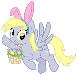 Size: 3000x3000 | Tagged: safe, artist:cheezedoodle96, character:derpy hooves, species:pegasus, species:pony, .svg available, basket, bunny ears, cute, derpabetes, easter, easter basket, easter egg, female, flying, grass, holiday, looking at you, mare, mouth hold, simple background, solo, svg, transparent background, vector, waving
