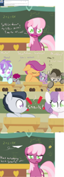 Size: 1280x3570 | Tagged: safe, artist:kryptchild, character:cheerilee, character:diamond tiara, character:liza doolots, character:petunia, character:rumble, character:scootaloo, character:sweetie belle, character:tootsie flute, oc, oc:kryptfoal, oc:marble patches, species:pegasus, species:pony, 2+2=fish, ask glitter shell, chalkboard, fish, pluto, ponyville schoolhouse, portal (valve), school, space core, the fairly oddparents