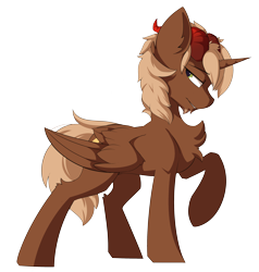 Size: 2812x2958 | Tagged: safe, artist:beardie, oc, oc only, species:alicorn, species:pony, alicorn oc, beard, brown coat, chest fluff, facial hair, folded wings, horns, raised hoof, simple background, transparent background, wings