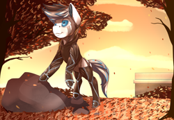 Size: 2600x1800 | Tagged: safe, artist:chapaevv, oc, oc only, species:pony, clothing, cyborg, leaves, patreon, solo, tree