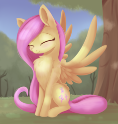 Size: 1512x1596 | Tagged: safe, artist:dusthiel, character:fluttershy, species:pegasus, species:pony, blushing, butt fluff, cheek fluff, chest fluff, cute, ear fluff, ear tufts, eyes closed, female, grass, hoof fluff, leg fluff, mare, outdoors, pose, scenery, shoulder fluff, shyabetes, sitting, smiling, solo, spread wings, tree, wing fluff, wings