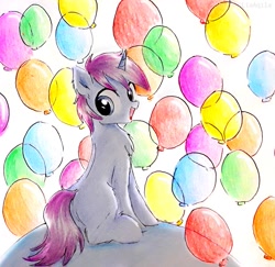 Size: 1031x1002 | Tagged: safe, artist:liaaqila, oc, oc only, oc:mobian, species:pony, species:unicorn, balloon, commission, cute, male, smiling, solo, squee, stallion, traditional art