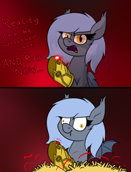 Size: 1480x1942 | Tagged: safe, artist:moonatik, oc, oc only, oc:panne, species:bat pony, species:pony, spoilers for another series, 2 panel comic, avengers, avengers: infinity war, bat pony oc, chips, comic, derp, faec, female, food, french fries, infinity gauntlet, mare, marvel, marvel cinematic universe, movie reference, reality stone, slit pupils, solo, space stone, talking to viewer, thanos, that pony sure does love fries, wings