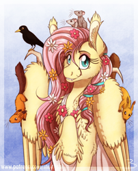 Size: 1600x1977 | Tagged: safe, artist:inuhoshi-to-darkpen, character:fluttershy, species:bird, species:pegasus, species:pony, animal, blackbird, cheek fluff, clothing, cute, cute little fangs, ear fluff, fangs, feathered fetlocks, female, flower, flower in hair, fluttershy day, looking at you, mare, mouse, raised hoof, shyabetes, sitting on wing, solo, squirrel, stray strand, unshorn fetlocks, wing claws, wings