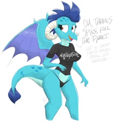 Size: 1200x1243 | Tagged: safe, artist:flutterthrash, character:princess ember, species:anthro, species:dragon, black underwear, breasts, busty princess ember, clothing, dragoness, dragonforce, female, panties, shirt, simple background, t-shirt, underwear, white background