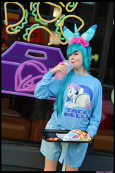 Size: 3456x5184 | Tagged: safe, artist:krazykari, artist:moozua, character:sonata dusk, character:sweetie belle, species:human, species:pony, clothing, cosplay, costume, cute, diasweetes, fast food, female, food, irl, irl human, moozua is trying to murder us, photo, pun, smiling, solo, taco, taco bell, taco belle, visual gag