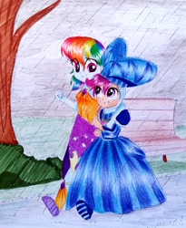 Size: 1292x1576 | Tagged: safe, artist:liaaqila, character:rainbow dash, character:scootaloo, species:human, species:pegasus, species:pony, episode:for whom the sweetie belle toils, episode:make new friends but keep discord, g4, my little pony: friendship is magic, my little pony:equestria girls, boots, clothing, commission, costume, cute, cutealoo, dashabetes, dress, duo, gala dress, jewelry, necklace, rain, running, scootalove, shoes, smiling, traditional art