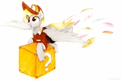 Size: 2938x1959 | Tagged: safe, artist:liaaqila, character:derpy hooves, species:pegasus, species:pony, episode:the point of no return, g4, my little pony: friendship is magic, ? block, box, female, letter, mailbag, mailmare, nintendo, question mark block, simple background, smiling, solo, super mario bros., traditional art, white background