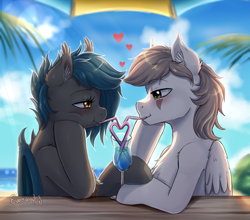 Size: 1600x1410 | Tagged: safe, artist:evomanaphy, oc, oc only, oc:nuke, oc:speck, species:bat pony, species:pegasus, species:pony, beach, bendy straw, blushing, couple, drink, drinking, drinking straw, female, human shoulders, husband and wife, looking at each other, male, married couple, married couples doing married things, not kej, sharing a drink, smiling, speke