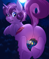 Size: 3322x4000 | Tagged: safe, artist:sugaryviolet, oc, oc only, oc:altus bastion, oc:star bright, oc:sugary violet, species:pony, campfire, camping, dock, dock fluff, featureless crotch, giant pony, looking back, macro, night, plot, size difference, tent, underhoof
