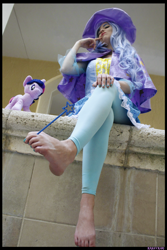 Size: 3456x5184 | Tagged: safe, artist:krazykari, character:trixie, character:twilight sparkle, species:human, barefoot, clothing, cosplay, costume, feet, foot focus, irl, irl human, magic wand, photo, plushie, sitting, solo, toes, wand