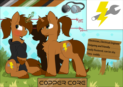 Size: 7936x5628 | Tagged: safe, artist:beardie, oc, oc only, oc:copper core, species:pony, species:unicorn, abstract background, beard, blushing, clothing, cutie mark, facial hair, goggles, grass, hoodie, magic, male, ponytail, reference sheet, sign, sitting, stallion, tall, unshorn fetlocks