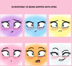 Size: 3936x3568 | Tagged: safe, artist:captainpudgemuffin, edit, character:applejack, character:fluttershy, character:pinkie pie, character:rainbow dash, character:rarity, character:twilight sparkle, blushing, dreamworks face, female, freckles, implied shipping, implied sparity, implied spike, implied straight, mane six, shipping, smiling, varying degrees of want