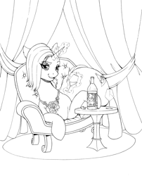 Size: 3297x4082 | Tagged: safe, artist:longinius, oc, oc only, oc:rose petal, species:pony, species:unicorn, alcohol, black and white, couch, curtains, ear fluff, female, glass, grayscale, jewelry, levitation, lidded eyes, lineart, looking at you, lounging, magic, mare, monochrome, necklace, open mouth, pearl necklace, pendant, solo, telekinesis, wine, wine bottle, wine glass