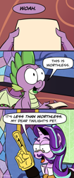 Size: 923x2190 | Tagged: safe, artist:pony-berserker, character:spike, character:starlight glimmer, species:dragon, species:pony, species:unicorn, comic, dialogue, duo, exploitable meme, facial hair, female, foam finger, glasses, gravity falls, male, mare, meme, meme template, moustache, number one, pince-nez, sideburns, speech bubble, this is worthless, winged spike