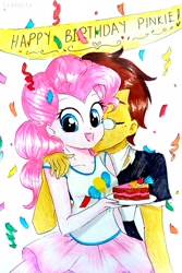Size: 1954x2925 | Tagged: safe, artist:liaaqila, commissioner:imperfectxiii, character:pinkie pie, oc, oc:copper plume, my little pony:equestria girls, banner, birthday, birthday cake, cake, canon x oc, clothing, commission, confetti, copperpie, cute, female, food, freckles, glasses, kiss on the cheek, kissing, male, neckerchief, shipping, shirt, skirt, smiling, straight, traditional art