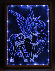 Size: 1024x1310 | Tagged: safe, artist:irfp250n, artist:longinius, character:princess luna, species:alicorn, species:pony, acrylic plastic, acrylight, blushing, clothing, craft, craft for the fearless, engraving, female, jewelry, led, lingerie, mare, necklace, smiling, solo, spread wings, stockings, tiara, underwear, white underwear, wings