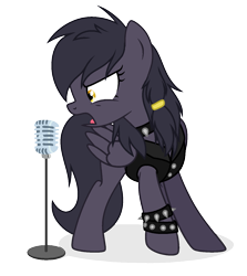 Size: 1273x1429 | Tagged: safe, artist:lazuli, artist:rioshi, artist:starshade, base used, oc, oc only, oc:mir, species:pegasus, species:pony, choker, clothing, collar, death metal, female, frontmare, growling, hair tie, hair wrap, heavy metal, jacket, leather jacket, microphone, power metal, screaming, simple background, singing, solo, spiked collar, spikes, transparent background, ych result