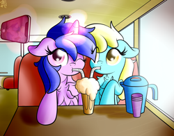 Size: 3155x2473 | Tagged: safe, artist:kimjoman, character:sassaflash, character:sea swirl, species:pegasus, species:pony, species:unicorn, ship:sassaswirl, background pony, cellphone, chest fluff, diner, female, froth, lesbian, milkshake, phone, pitcher, selfie, sharing a drink, shipping, smartphone, straw, things friends do for each other