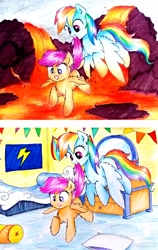 Size: 2650x4197 | Tagged: safe, artist:liaaqila, character:rainbow dash, character:scootaloo, species:pegasus, species:pony, cute, cutealoo, dashabetes, holding tail, playing, room, scootalove, the floor is lava, volcano