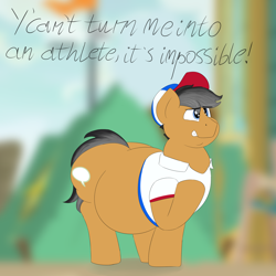 Size: 2500x2500 | Tagged: safe, artist:lupin quill, character:quibble pants, species:earth pony, species:pony, episode:common ground, g4, my little pony: friendship is magic, bhm, chubby cheeks, clothing, dialogue, double chin, fat, hat, male, offscreen character, plot, polo shirt, quibble butts, scene interpretation, solo, stallion, tight clothing, wobble pants