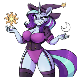 Size: 1280x1280 | Tagged: safe, artist:jitterbugjive, artist:sinsays, character:starlight glimmer, character:trixie, oc, oc:trixie glimmer, species:anthro, species:pony, species:unicorn, breasts, clothing, collaboration, crescent moon, female, fusion, grin, moon, smiling, solo, stockings, sun, thigh highs, trixie glimmer