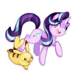 Size: 1200x1200 | Tagged: safe, artist:loyaldis, character:starlight glimmer, species:pony, species:unicorn, crossover, female, looking at you, mare, open mouth, pikachu, pokémon, simple background, transparent background