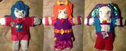 Size: 2592x1061 | Tagged: safe, artist:grapefruitface1, character:adagio dazzle, character:aria blaze, character:sonata dusk, my little pony:equestria girls, arts and crafts, clothing, female, irl, paper, paper plush, photo, plushie, the dazzlings, trio