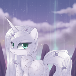 Size: 400x400 | Tagged: safe, artist:loyaldis, species:pony, species:unicorn, g2, crying, female, g2 to g4, generation leap, looking back, mare, princess silver swirl, rain, solo, wet mane