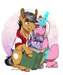 Size: 948x1129 | Tagged: safe, artist:inuhoshi-to-darkpen, character:clear sky, character:quibble pants, character:wind sprint, species:earth pony, species:pegasus, species:pony, species:unicorn, episode:common ground, g4, my little pony: friendship is magic, book, cheek fluff, chest fluff, clothing, cute, cute sky, ear fluff, family, female, filly, hoof hold, leg fluff, magic, magic aura, male, mare, open mouth, quibblebetes, quibblesky, reading, realistic horse legs, scarf, shipping, shirt, sitting, sprintabetes, stallion, straight, telekinesis, trio, unshorn fetlocks