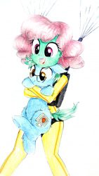 Size: 929x1651 | Tagged: safe, artist:liaaqila, oc, oc:software patch, oc:windcatcher, species:pony, my little pony:equestria girls, clothing, colored sketch, commission, equestria girls-ified, glasses, holding a pony, jumpsuit, oc x oc, parachute, shipping, skydiving, traditional art, windpatch