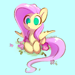 Size: 995x998 | Tagged: safe, artist:dawnfire, character:fluttershy, species:pegasus, species:pony, blue background, cute, empty eyes, female, flower, mare, no catchlights, no pupils, prone, shyabetes, simple background, solo