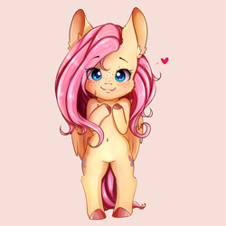 Size: 2200x2200 | Tagged: safe, artist:miokomata, character:fluttershy, species:pegasus, species:pony, bipedal, both cutie marks, colored pupils, cute, ear fluff, eye clipping through hair, female, freckles, heart, pink background, shyabetes, simple background, smiling, solo