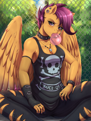 Size: 1800x2400 | Tagged: safe, artist:evomanaphy, character:scootaloo, species:anthro, species:pegasus, species:pony, adult, badass, bracelet, breasts, bubblegum, busty scootaloo, choker, cleavage, clothing, cutie mark necklace, ear piercing, eyeliner, eyeshadow, female, fingerless gloves, fishnets, food, gloves, gum, implied rainbow dash, jeans, jewelry, lidded eyes, lip piercing, makeup, nail polish, necklace, older, older scootaloo, open mouth, pants, piercing, punk, solo, spiked choker, tank top, torn clothes