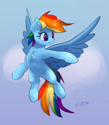 Size: 3206x3669 | Tagged: safe, artist:xbi, character:rainbow dash, species:pegasus, species:pony, chest fluff, cloud, female, flying, gradient background, mare, solo, spread wings, wings