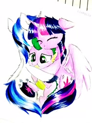 Size: 2322x3096 | Tagged: safe, artist:liaaqila, character:shining armor, character:spike, character:twilight sparkle, character:twilight sparkle (alicorn), species:alicorn, species:dragon, species:pony, commission, cute, eyes closed, female, group hug, hug, male, mare, marker drawing, sparkle siblings, spikelove, traditional art