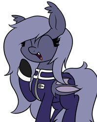 Size: 1562x1977 | Tagged: safe, artist:moonatik, oc, oc only, oc:selenite, species:bat pony, species:pony, bat pony oc, clothing, cute, cute little fangs, fangs, gloves, laughing, long mane, military uniform, raised hoof, simple background, solo, transparent background, wings