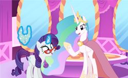 Size: 2648x1608 | Tagged: safe, artist:crimsumic, artist:disneymarvel96, artist:frownfactory, character:princess celestia, character:rarity, species:pony, brooch, cape, carousel boutique, clasp, clothing, crown, jewelry, levitation, magic, necklace, peytral, rarity's glasses, regalia, telekinesis
