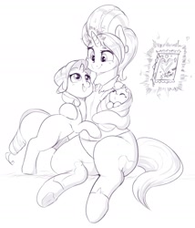 Size: 1624x1896 | Tagged: safe, artist:sirmasterdufel, character:cookie crumbles, character:rarity, character:sweetie belle, species:pony, species:unicorn, baby, baby belle, baby pony, black and white, clothing, female, filly, filly rarity, foal, grayscale, hug, mare, monochrome, mother and daughter, mother's day, younger