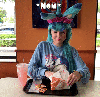 Size: 345x335 | Tagged: safe, artist:krazykari, character:sonata dusk, character:sweetie belle, species:human, species:pony, species:unicorn, animated, clothing, cosplay, costume, food, gif, irl, irl human, photo, pun, sonataco, taco, taco bell, taco belle, taco tuesday