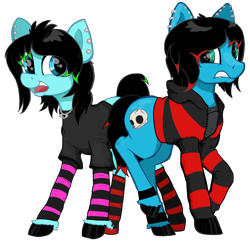 Size: 3648x3520 | Tagged: safe, artist:paskanaakka, derpibooru original, oc, oc only, oc:emo lad, oc:scene chick, species:earth pony, species:pony, brother and sister, clothing, colored hooves, commission, duo, dyed mane, dyed tail, ear piercing, earring, emo, female, hoodie, jewelry, male, mare, necklace, piercing, shirt, shy, siblings, simple background, socks, stallion, striped socks, transparent background, unshorn fetlocks