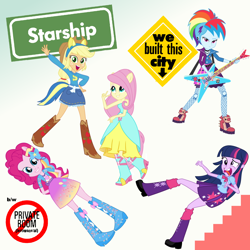 Size: 2000x2000 | Tagged: safe, artist:bluethunder66, artist:caliazian, artist:grapefruitface1, artist:illumnious, artist:sugar-loop, artist:yetioner, derpibooru original, character:applejack, character:fluttershy, character:pinkie pie, character:rainbow dash, character:twilight sparkle, my little pony:equestria girls, clothing, guitar, ponified single cover, starship (band), we built this city