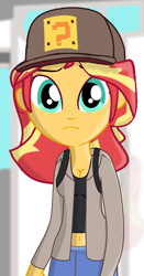 Size: 720x1372 | Tagged: safe, artist:grapefruitface1, character:sunset shimmer, my little pony:equestria girls, backpack, clothing, cosplay, costume, crossover, female, looking at you, mario hat, midriff, sad, solo, super mario bros., vinesauce, vinny (vinesauce)