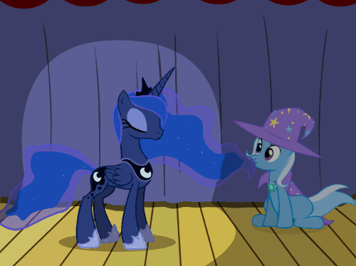 Size: 500x374 | Tagged: safe, artist:evil-dec0y, character:princess luna, character:queen chrysalis, character:trixie, oc, oc:fluffle puff, species:pony, species:unicorn, comic:trixie vs., animated, cape, clothing, disguise, disguised changeling, duo, duo female, female, hat, mare, shapeshifting, stage, transformation, trixie's cape, trixie's hat
