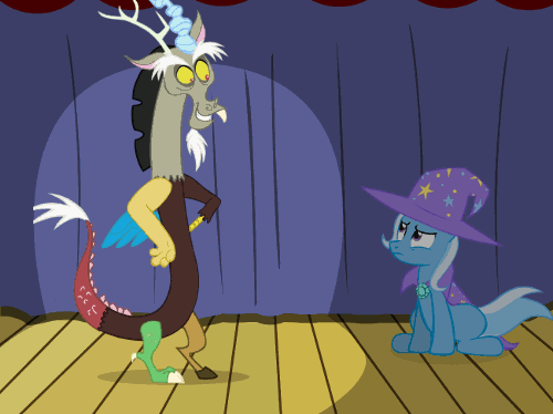 Size: 500x374 | Tagged: safe, artist:evil-dec0y, character:discord, character:queen chrysalis, character:trixie, species:changeling, species:pony, species:unicorn, comic:trixie vs., animated, cape, changeling queen, clothing, duo, female, hat, mare, shapeshifting, stage, transformation, trixie's cape, trixie's hat