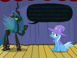 Size: 1280x957 | Tagged: safe, artist:evil-dec0y, character:queen chrysalis, character:trixie, species:changeling, species:pony, species:unicorn, comic:trixie vs., cape, changeling queen, clothing, duo, duo female, female, hat, mare, scrunchy face, stage, trixie's cape, trixie's hat