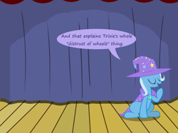 Size: 1280x957 | Tagged: safe, artist:evil-dec0y, character:trixie, species:pony, species:unicorn, comic:trixie vs., cape, clothing, eyes closed, female, hat, mare, sitting, solo, stage, trixie's cape, trixie's hat
