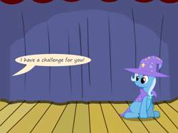 Size: 1280x957 | Tagged: safe, artist:evil-dec0y, character:trixie, species:pony, species:unicorn, comic:trixie vs., cape, clothing, female, hat, implied princess celestia, mare, offscreen character, sitting, solo, stage, trixie's cape, trixie's hat
